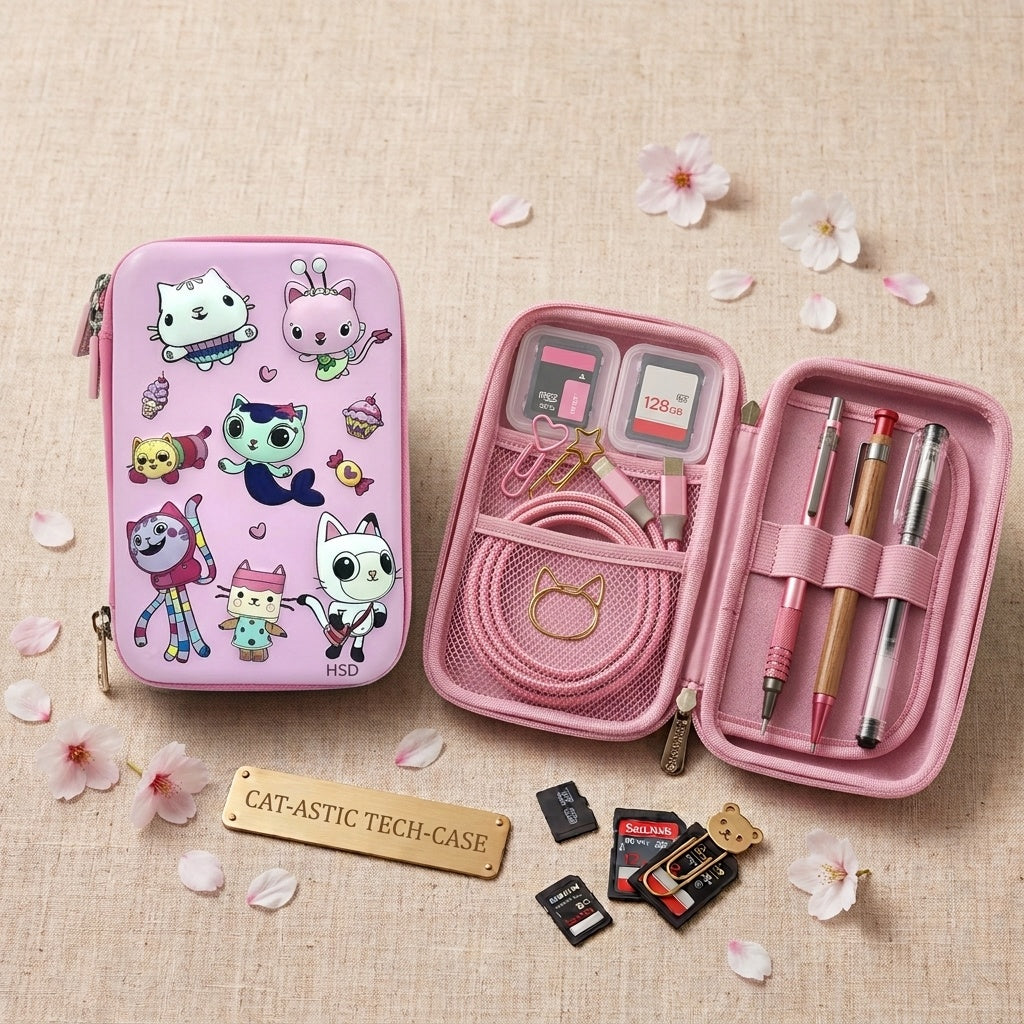 Pink hardtop organizer case with cat graphic, open compartments for small items