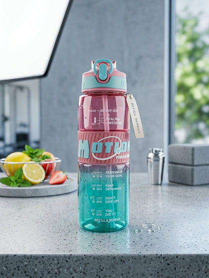 Sports water bottle with straw, pink-to-teal gradient bottle with flip straw lid.