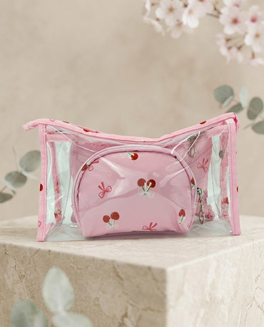 Pink cherry-print cosmetic pouch set with zippered clear organizer bag and small pouch