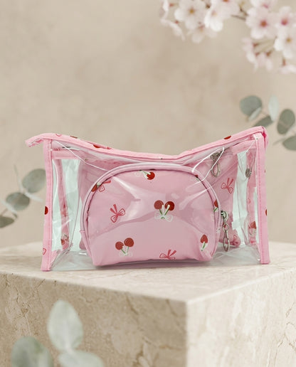 Pink cherry-print cosmetic pouch set with zippered clear organizer bag and small pouch