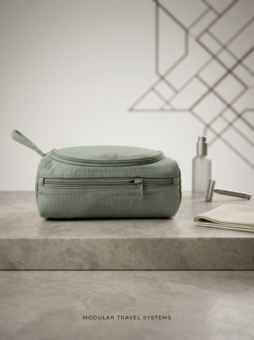 Green ripstop travel toiletry bag set, rounded case with zipper and front pocket