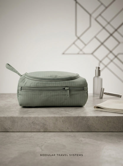 Green ripstop travel toiletry bag set, rounded case with zipper and front pocket
