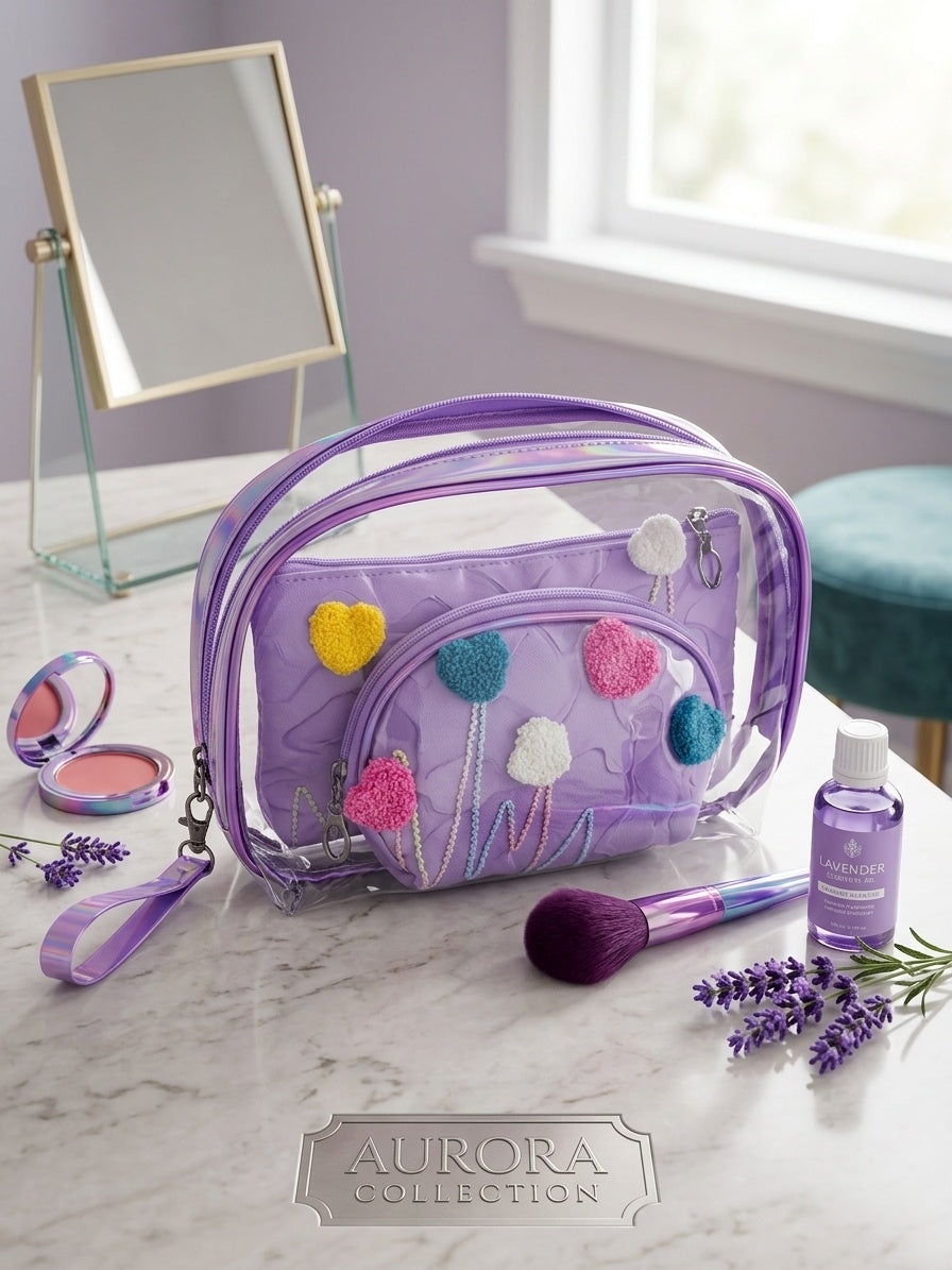 Lavender clear cosmetic pouch set with fuzzy heart appliques, wrist strap, and inner pouch