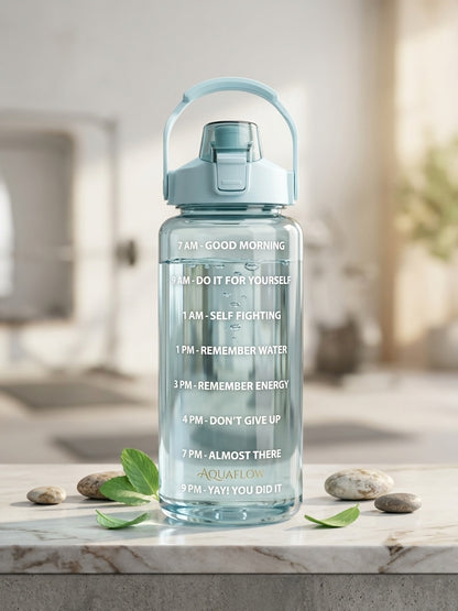 Teal motivational time-marker water bottle with carry handle and flip-top lid