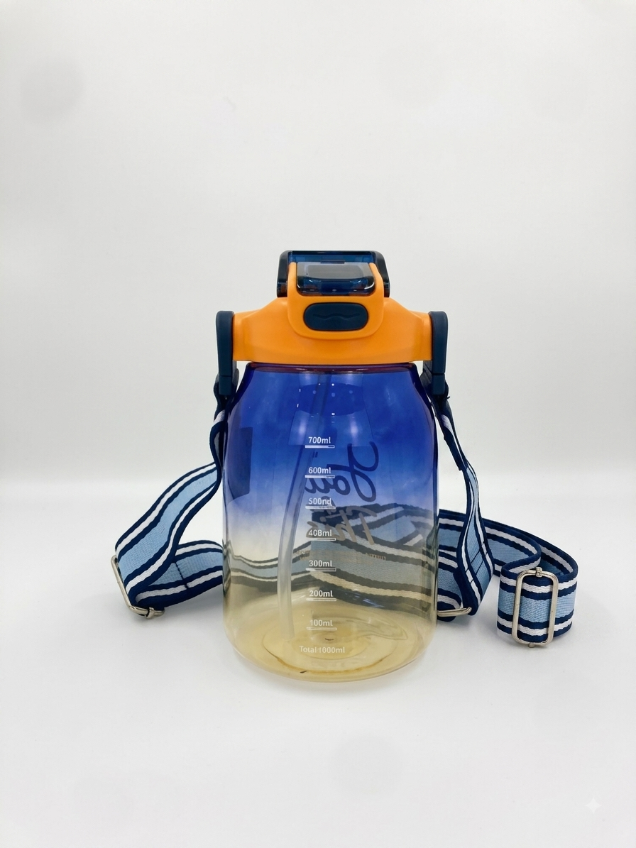 1L gradient water bottle in navy and orange with flip lid and crossbody straps.