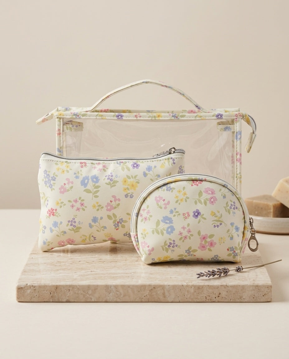 Floral clear cosmetic pouch set with large zip pouch and round zip pouch
