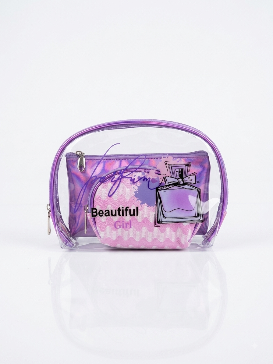 Lavender transparent cosmetic pouch with iridescent zipper and 'Beautiful Girl' print