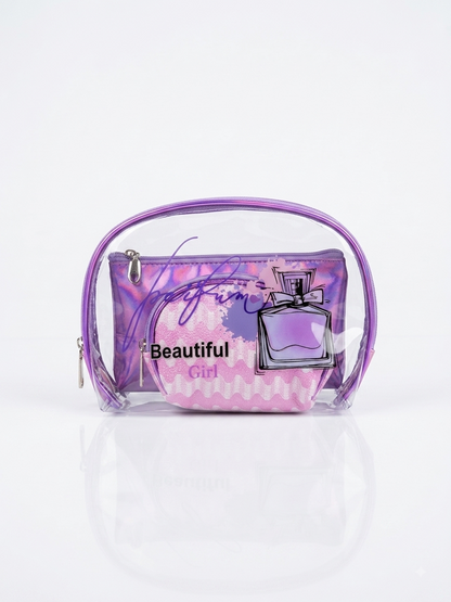 Lavender transparent cosmetic pouch with iridescent zipper and 'Beautiful Girl' print