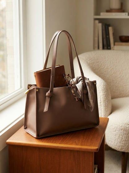 Knot-accent structured shoulder bag in dark brown with ribbon bow detail and top handles