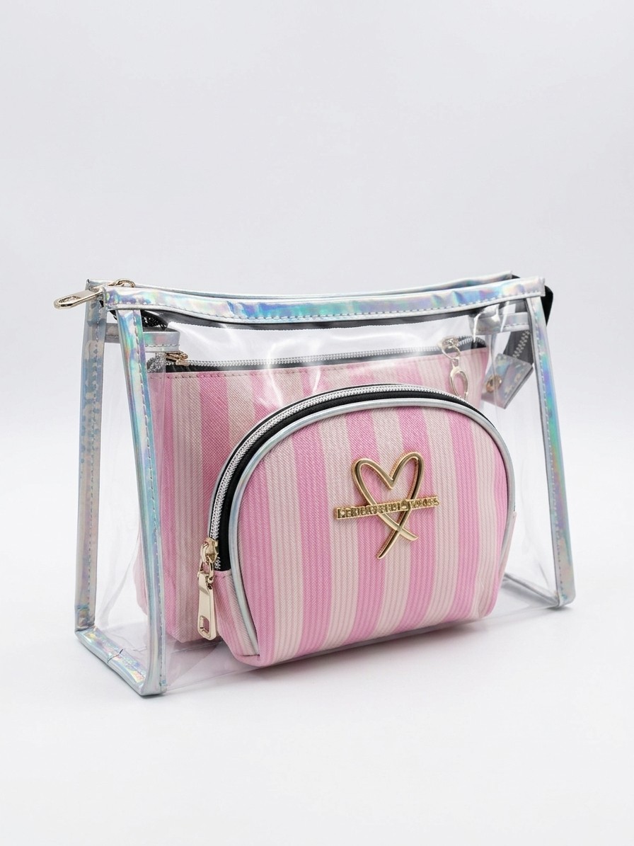 Transparent cosmetic bag set with pink striped zip pouch and silver zipper trim
