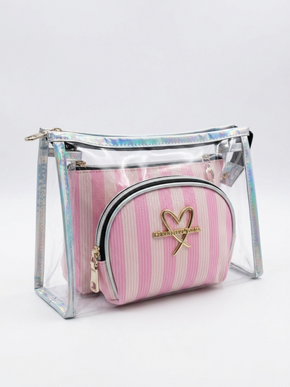 Transparent cosmetic bag set with pink striped zip pouch and silver zipper trim