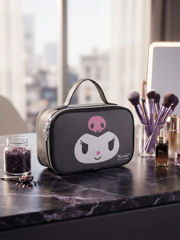 Black character cosmetic pouch with top handle and Kuromi graphic