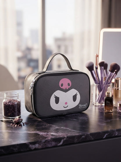 Black character cosmetic pouch with top handle and Kuromi graphic