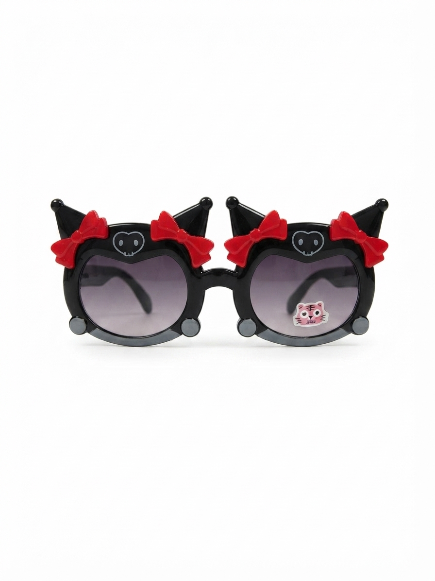Kids round cat-ear sunglasses with red bows on black frames