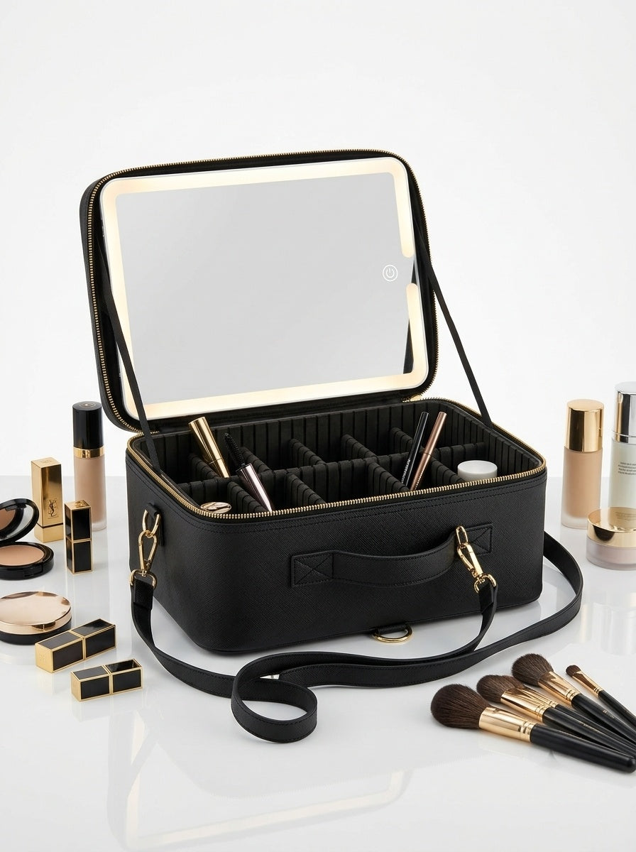 Black LED makeup organizer case open, with illuminated mirror and tool compartments