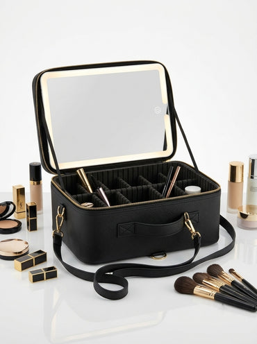 Black LED makeup organizer case open, with illuminated mirror and tool compartments