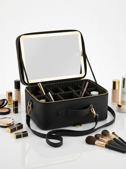 Black LED makeup organizer case open, with illuminated mirror and tool compartments