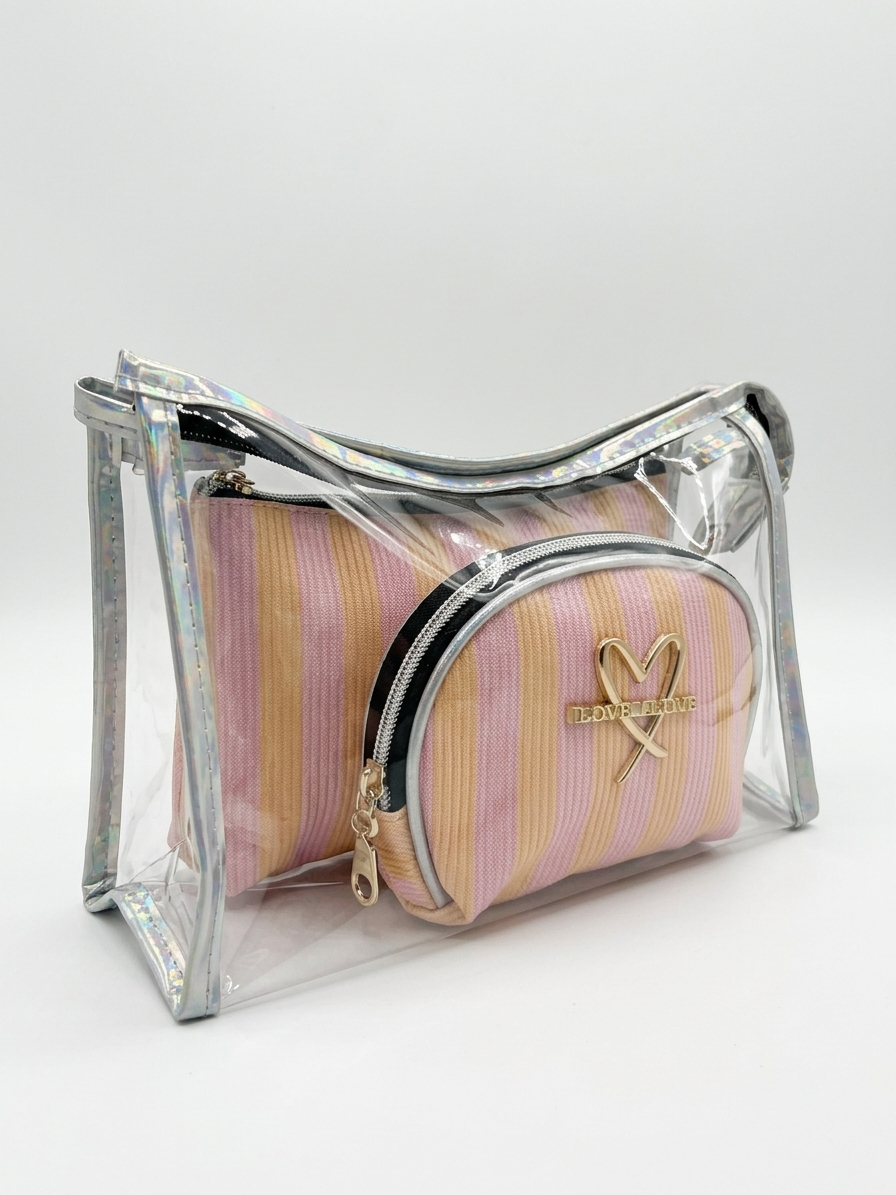 Transparent cosmetic bag set with pink and lavender striped zip pouches, silver trim
