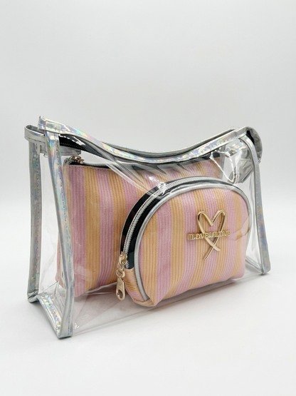 Transparent cosmetic bag set with pink and lavender striped zip pouches, silver trim