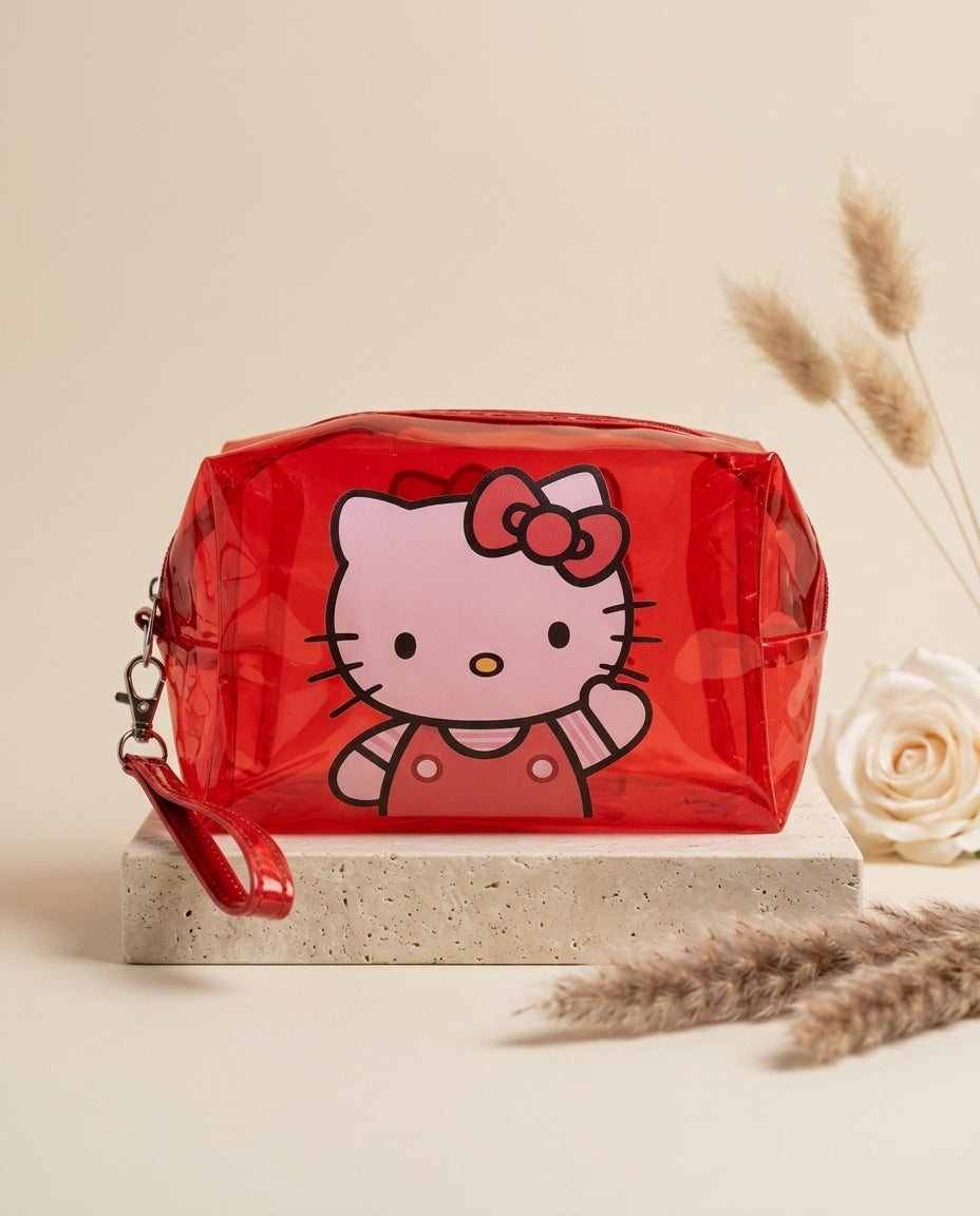 Red translucent cosmetic pouch with Hello Kitty face and wristlet strap