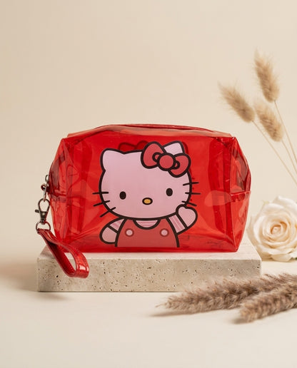 Red translucent cosmetic pouch with Hello Kitty face and wristlet strap