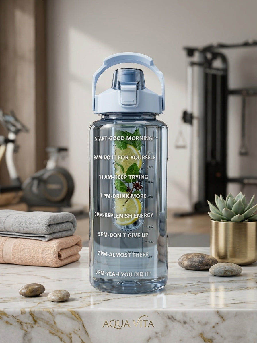 Blue motivational time-marker water bottle with carry handle and flip-top lid