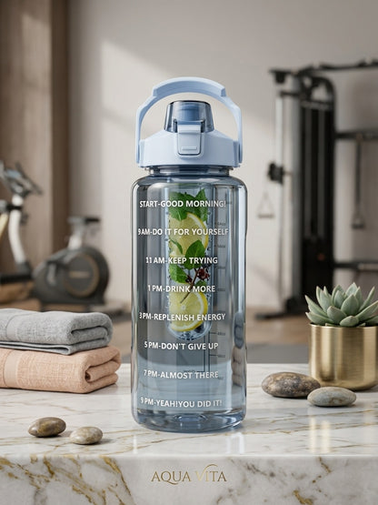Blue motivational time-marker water bottle with carry handle and flip-top lid
