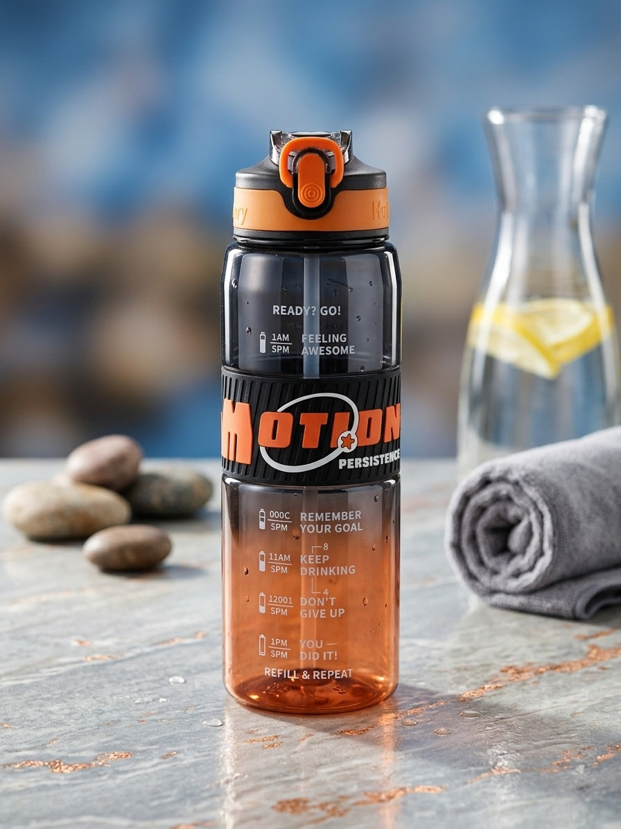 Sports water bottle with straw, orange cap and dark charcoal bottle with orange accents.