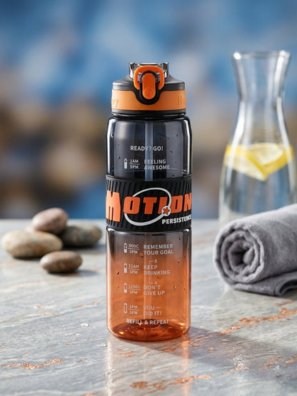 Sports water bottle with straw, orange cap and dark charcoal bottle with orange accents.
