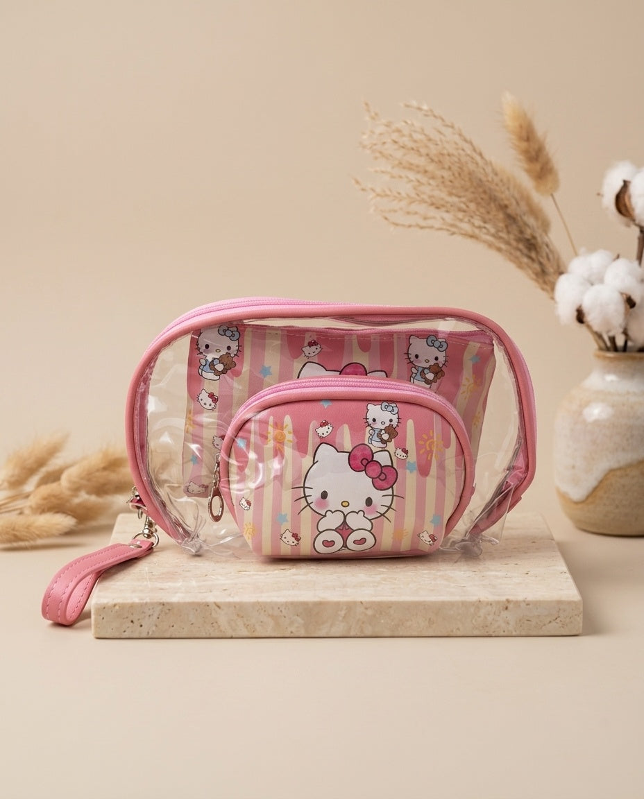 Nested clear cosmetic pouch set with pink character print, front pouch and zipper pouch