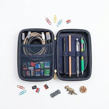 Black zip pencil case organizer open with pen slots, mesh pocket, dinosaur charms