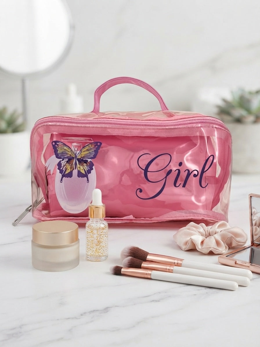 Pink transparent cosmetic bag with top handle, 'Girl' and butterfly print.