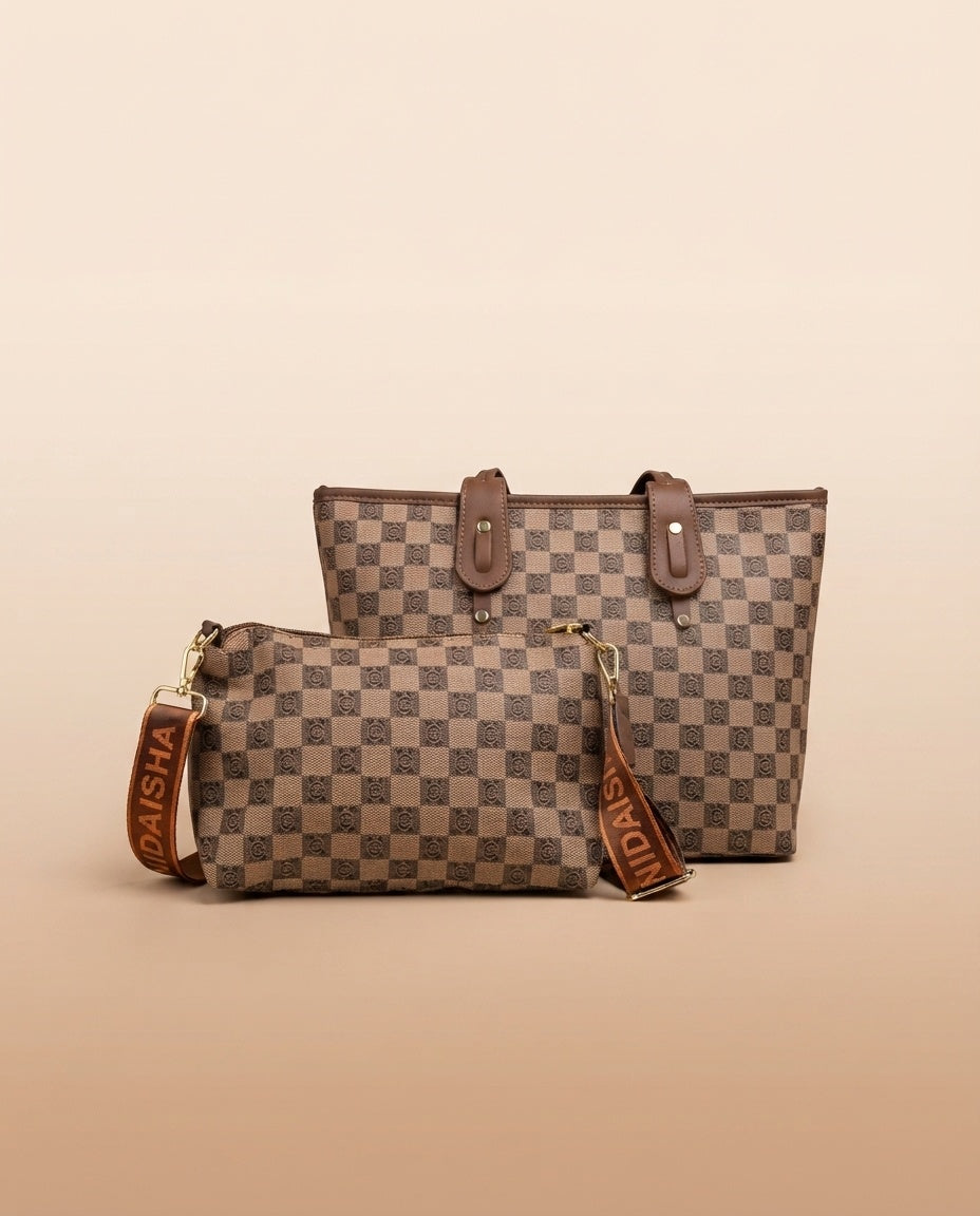 Structured tote and crossbody set with checkered logo print, tan handles and strap
