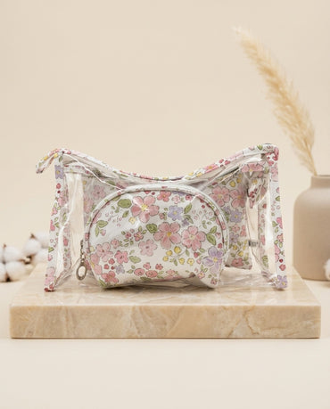 Floral clear dome cosmetic pouch with zip-top and inner zip pouch, pink flower print
