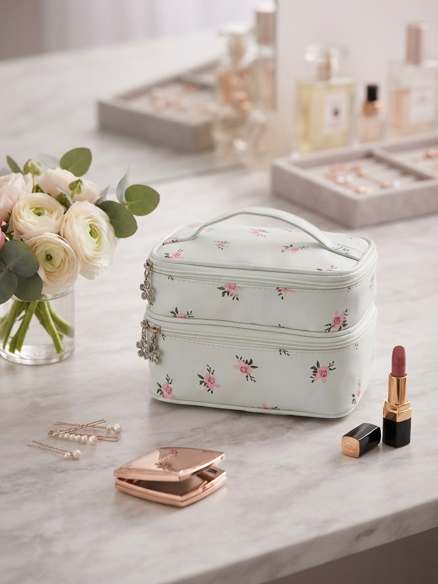 White floral quilted double-layer cosmetic organizer bag with top handle and zip closure.