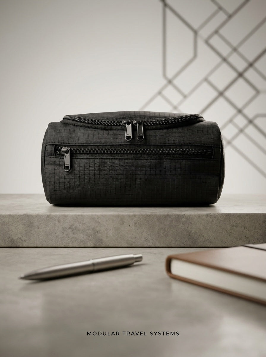 Black ripstop travel toiletry bag with top zipper, hanging loop, and front pocket