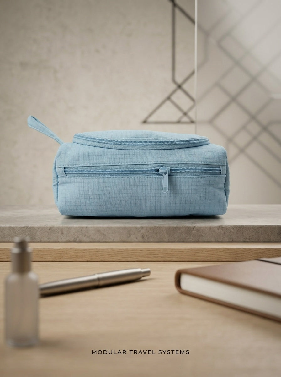 Light blue ripstop travel toiletry bag with top zipper and front organizer pocket