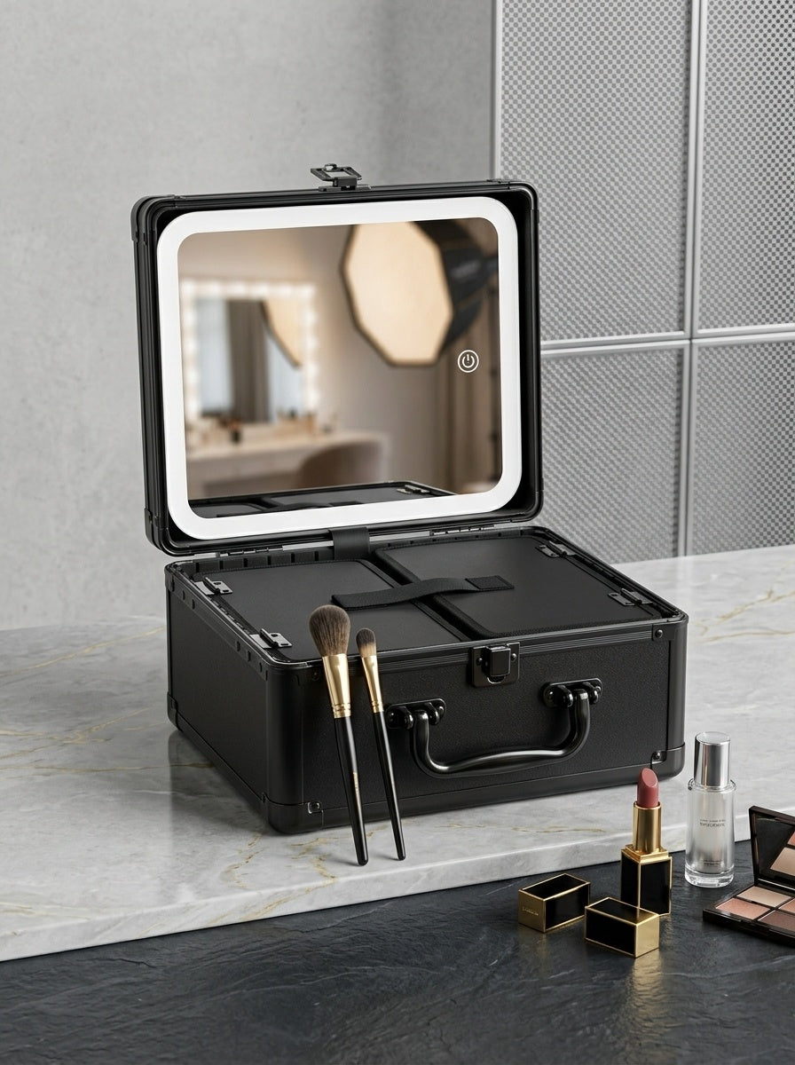 Black hard shell makeup train case with LED lighted mirror and open organizer