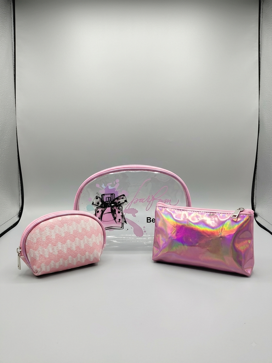 Pink transparent cosmetic pouch set with iridescent finish, small and large pouches shown