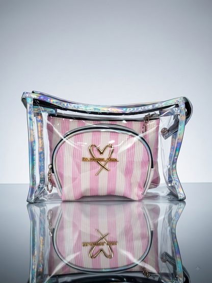 Transparent cosmetic bag set with pink striped zip pouch and gold heart bow logo