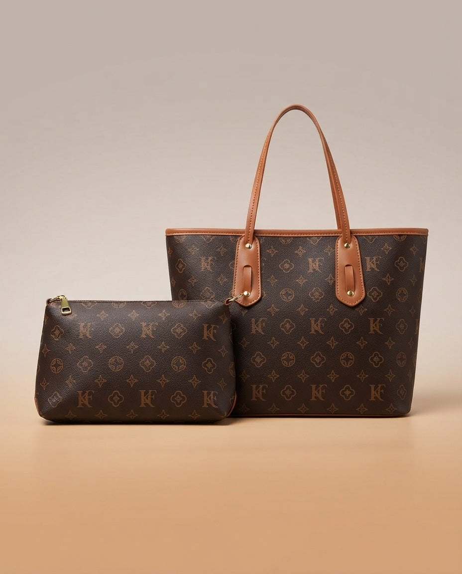 Structured tote and crossbody bag set with monogram print, brown leather handles and pouch