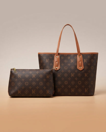 Structured tote and crossbody bag set with monogram print, brown leather handles and pouch