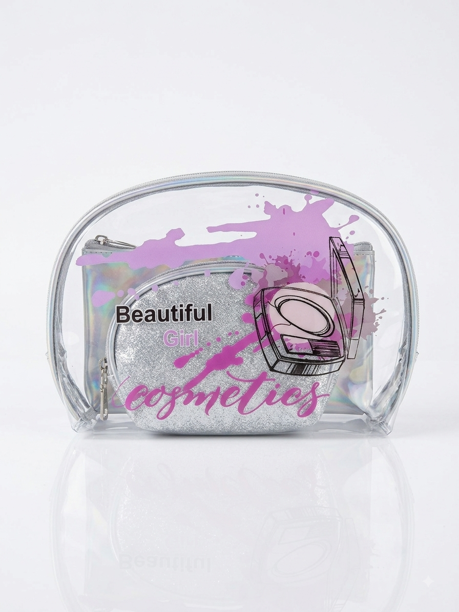 Silver transparent cosmetic pouch with purple splatter, makeup icons, 'Beautiful Cosmetics'