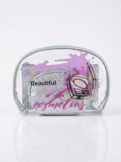 Silver transparent cosmetic pouch with purple splatter, makeup icons, 'Beautiful Cosmetics'