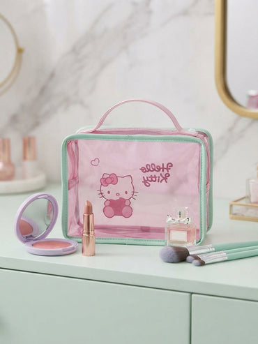Transparent cosmetic pouch with top handle, Hello Kitty heart and bow print