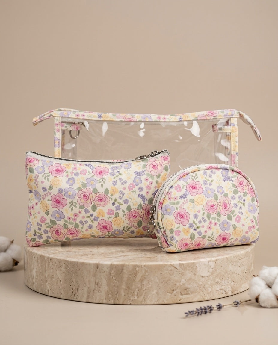 Floral clear dome pouch set with large pouch and round zip pouch, pink and blue