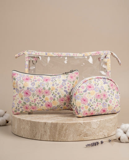 Floral clear dome pouch set with large pouch and round zip pouch, pink and blue