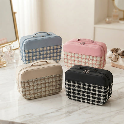 Structured cosmetic vanity case set with top handle, tweed and PU leather, plaid