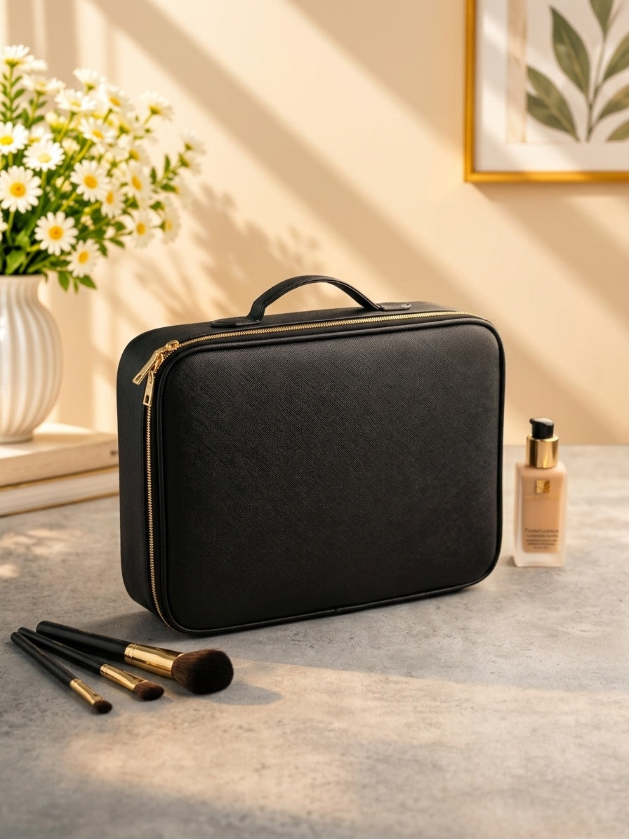 Black makeup organizer case with top handle, compact carry design