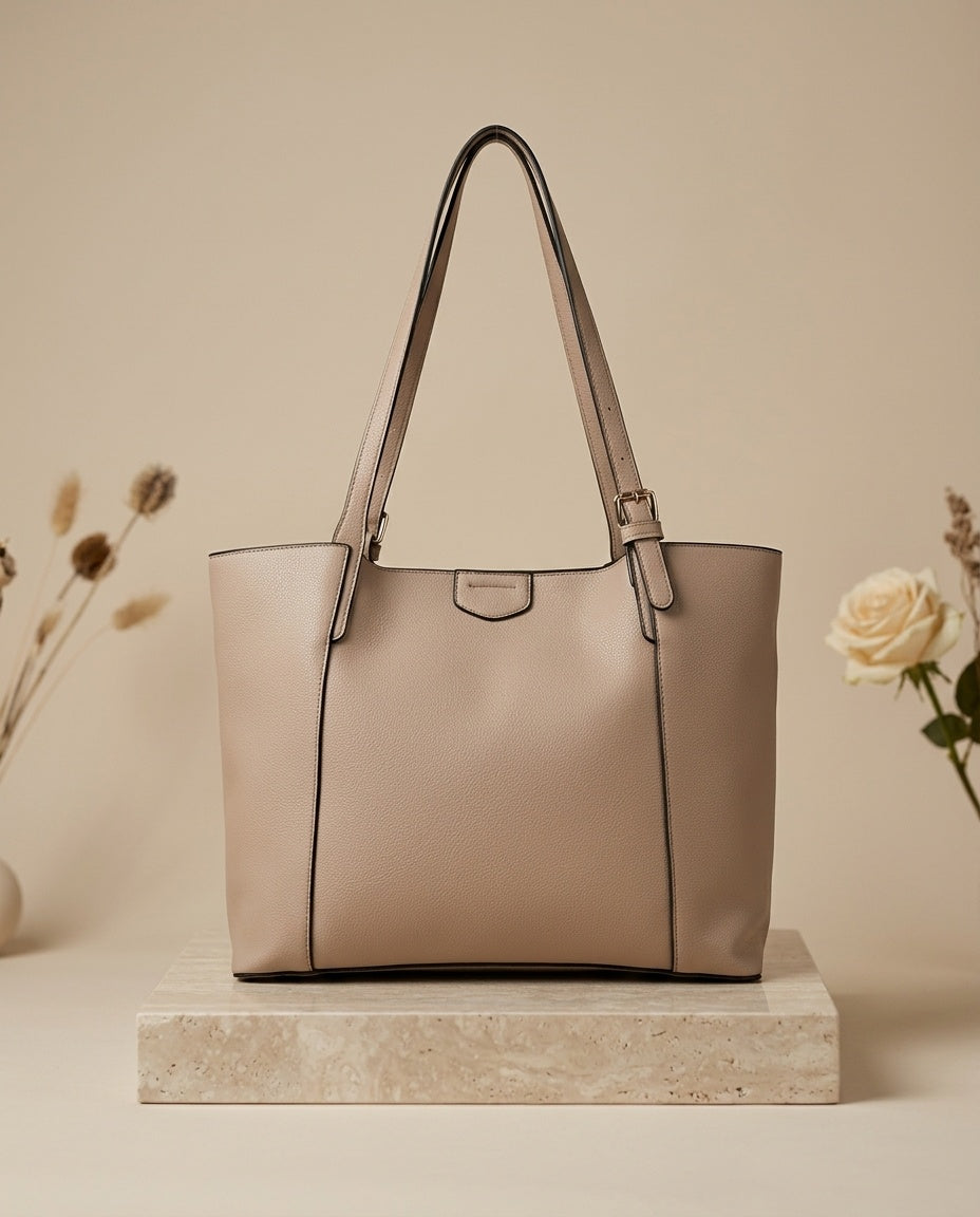 Beige structured faux leather shoulder tote bag with top handles and front center panel